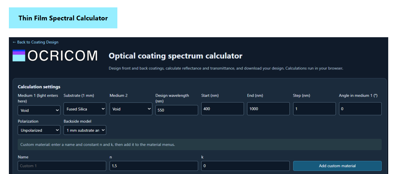 Thin Film Spectral Calculator -tool